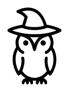 Wise nocturnal owl perched upright with round eyes and clawed feet wearing a pointed sorcery hat, black outline vector icon isolated on a white background, minimalist line art drawing