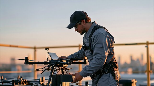Drone Technician Installing Battery Module on Rooftop