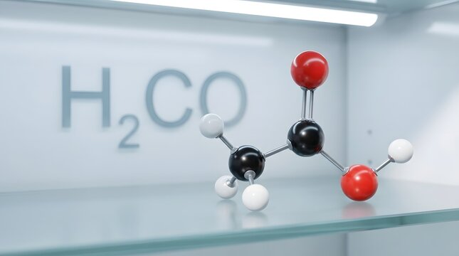 3D molecular model of formaldehyde molecule with chemical formula H2CO in background.