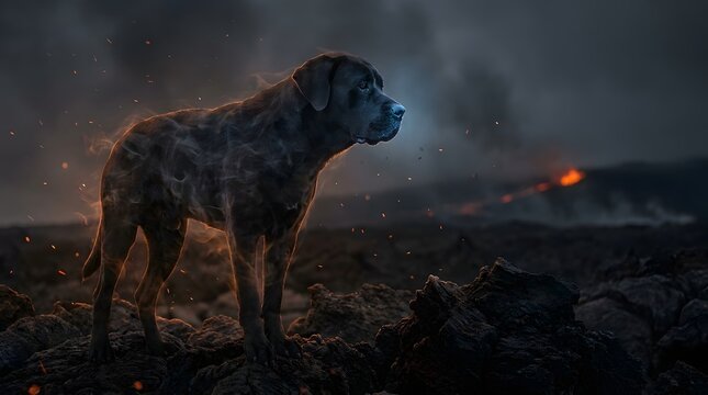 Dark Fantasy Black Spectral Dog in Volcanic Landscape