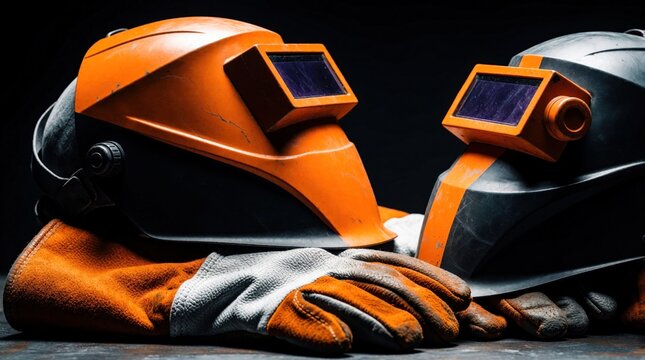 Welding helmets and protective gloves sit ready for use. Safety gear for metal fabrication and industrial work. Precision tools for skilled tradespeople.