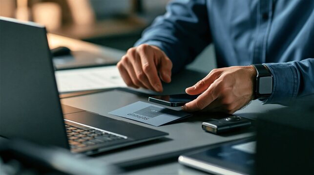 IT Specialist Placing Phone Beside Security Card at Help Desk