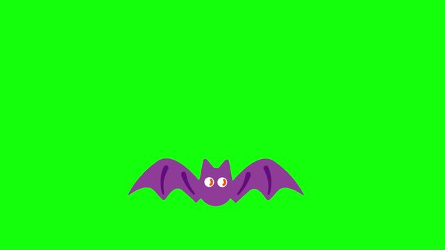 Cute Halloween Bat Animated Green Screen Loop, Purple Cartoon Bat Flying Animation, Spooky Halloween Character Motion Graphic, Bat Horror Green Screen Video Clip