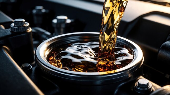 Golden engine oil pours into car motor. Fresh lubricant fluid fills metal container for vehicle maintenance. Close up of automotive service, repair work. Mechanic topping up liquid in engine part to