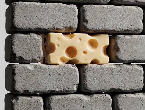 Concrete bricks form wall with Swiss cheese block as weak element. Symbolizes structural flaw, risk in systems or business. Represents irony, unexpected fragility.