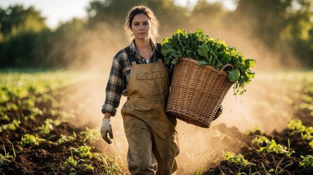 Woman farm worker walks dusty field carrying big basket of greens. She wears overalls and gloves in warm morning sun. Her outfit is dirtied from labor.