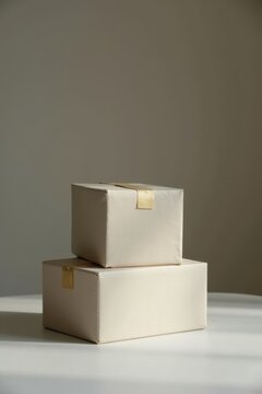 Pila de dos cajas alineadas de forma imperfecta, atm&oacute;sfera editorial serena, textura sutil visible