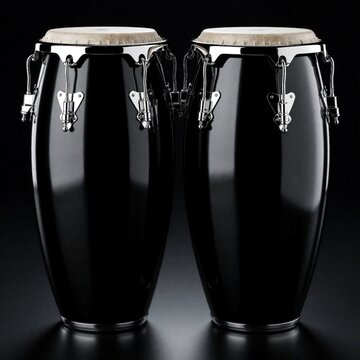 Pair of shiny black conga drums with chrome hardware rest on a reflective surface. Percussion instruments ready for rhythm creation and musical performance.