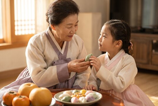 따뜻한 추석 명절, 한옥에서 한복을 입고 다정하게 송편을 나누는 할머니와 손녀.