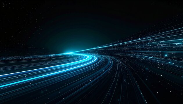 Cybernetic data stream visualization illustrating futuristic digital infrastructure with neon blue light trails