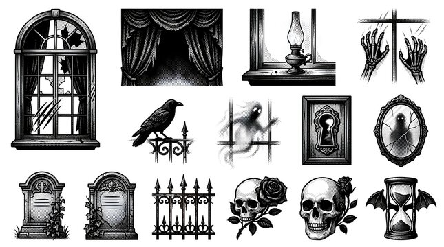 Dark gothic design elements for horror themed projects and tattoo inspiration flash art.