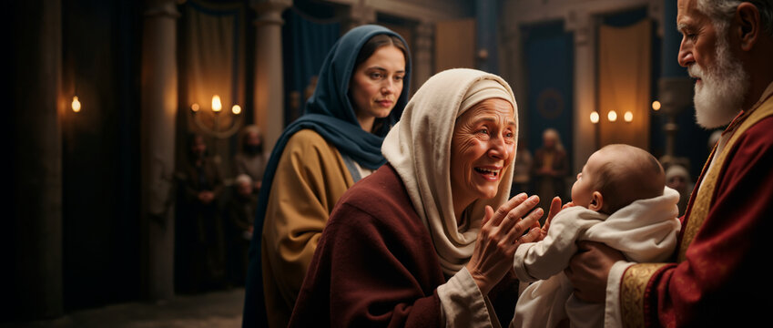 Anna the prophetess sees infant Jesus at the temple. Biblical presentation of Christ with Simeon and Mary. Panoramic banner of Christian scripture event