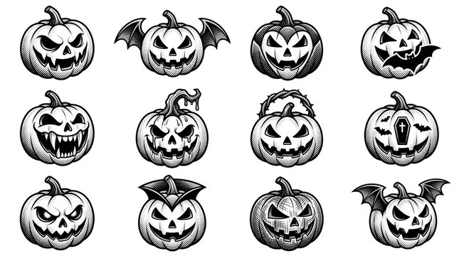 Spooky carved Halloween pumpkins graphic set with evil grins and gothic bat wings in black.