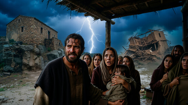 The parable of the wise and foolish builders during a violent storm. Ancient stone house on the rock and collapsed dwelling during lightning and flood