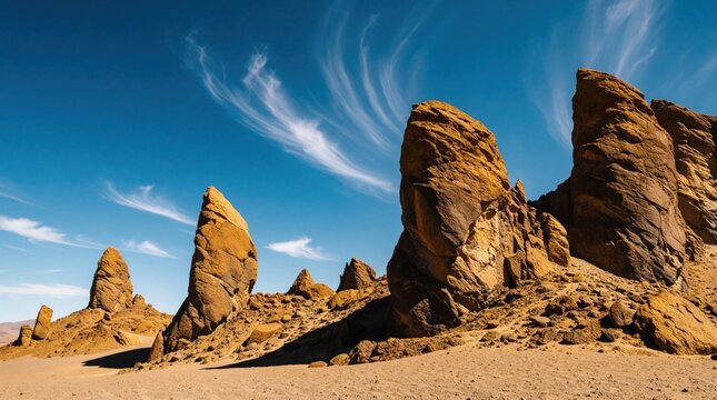 Towering rock spires rise from a sandy desert floor under a bright blue sky with wispy clouds. Rugged geological formations create a dramatic, arid landscape perfect for travel and adventure themes.