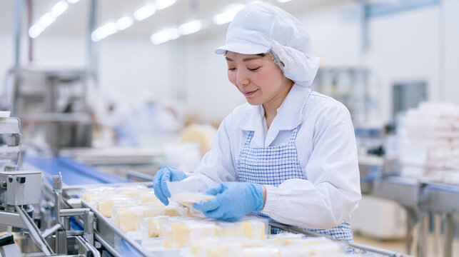 食品工場の生産ラインで商品を検品する女性作業員

