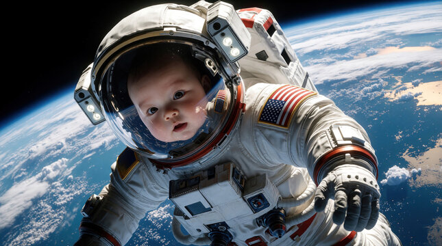 Cute baby astronaut in white space suit floats in zero gravity. Small child wearing helmet looks curious near earth orbit. Concept of future space travel, cosmic adventure, cosmic exploration in vast