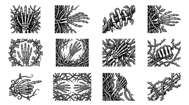 Set of black and white vector illustrations depicting skeleton hands trapped in vines.