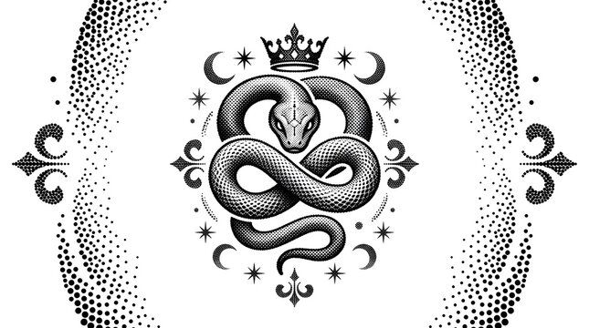 Stippled royal snake coiled under crown with moon stars symbols for gothic tattoo art.