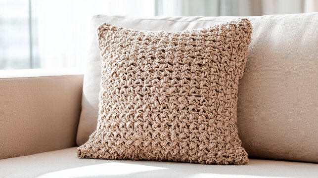 handmade crochet cushion with detailed yarn texture resting on a neutral sofa in soft daylight, cozy concept for home decor, textile craft, interior styling and comfortable living
