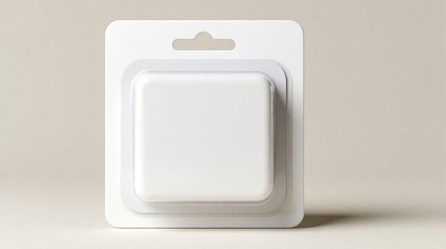 Blank white square blister pack with plastic bubble on cardboard backing. Retail ready packaging with euro hook hole. Product mockup template for presentation.