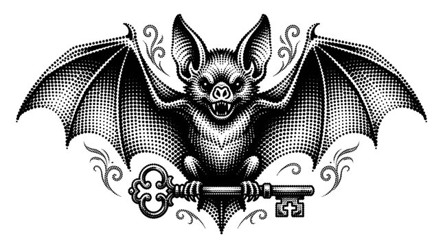 Halftone stipple bat holding key with spread wings for retro vintage tattoo apparel art.