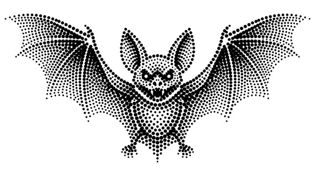 Abstract bat silhouette in halftone dot pattern style for gothic and halloween designs.