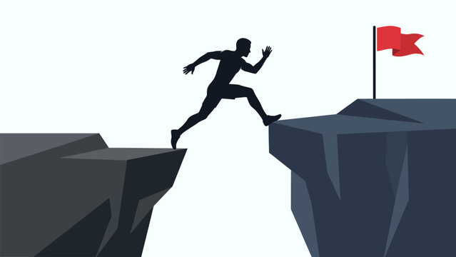Silhouette of a businessman jumping over a dangerous gap between two cliffs toward a red flag. Excellent vector illustration for taking risks, courage, career leap, and goals.