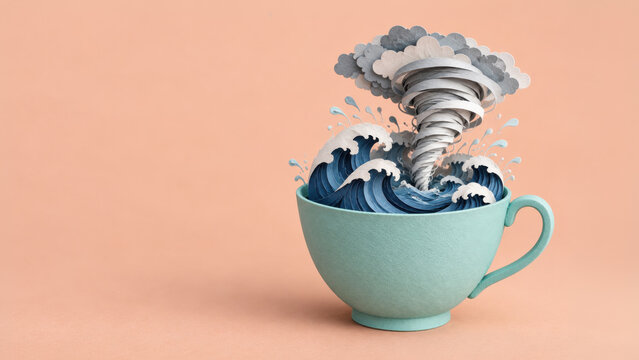 A paper-style tornado swirls above layered blue waves inside a turquoise teacup against peach, playfully illustrating the metaphor of a tempest in a teacup