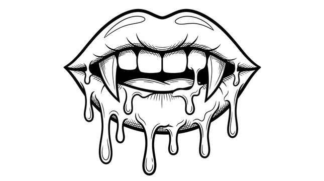 Vampire lips vector line art showing sharp fangs and dripping liquid on white background.
