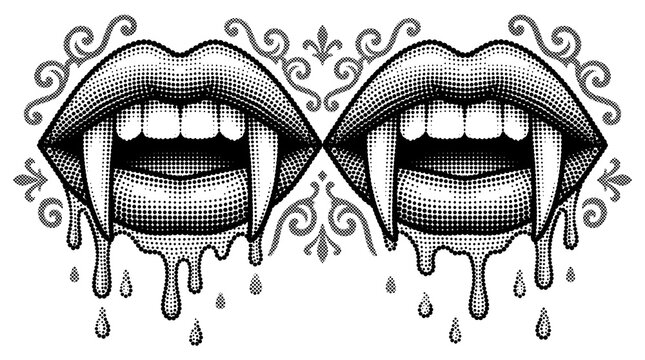 Double halftone vampire lips with dripping blood and ornate frame vector illustration.