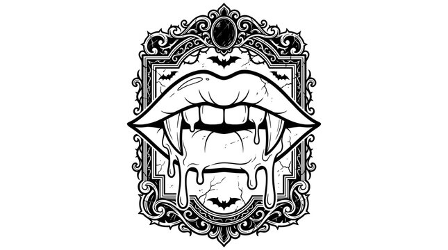 Vampire lips vector illustration with dripping liquid is framed in gothic ornamental border.