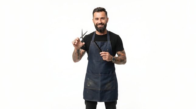 A smiling male barber wearing a denim apron holds professional hair scissors with while holding professional barber tattoos his black shirt with wears dark denim