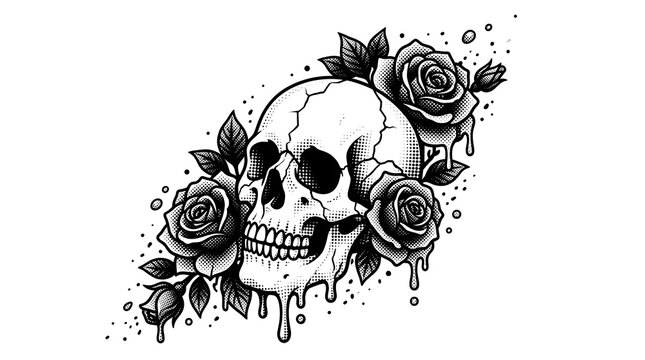 Anatomical skull surrounded by blooming roses with melting liquid details in dotwork style.
