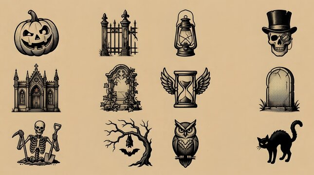 Retro halloween clip art collection with pumpkin skeleton and black cat for holiday design.