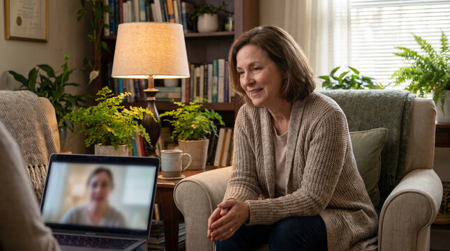 Professional mental health therapist conducting online video therapy session on laptop