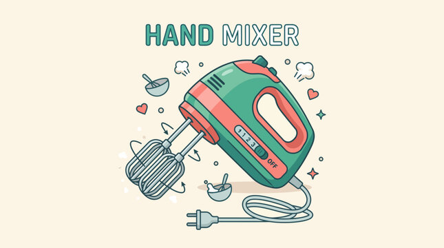 Colorful electric hand mixer with dual beaters, speed controls, handle, and power cord, isolated on a clean background. Modern flat vector for baking, whipping, mixing, pastry, kitchen, appliance, rec