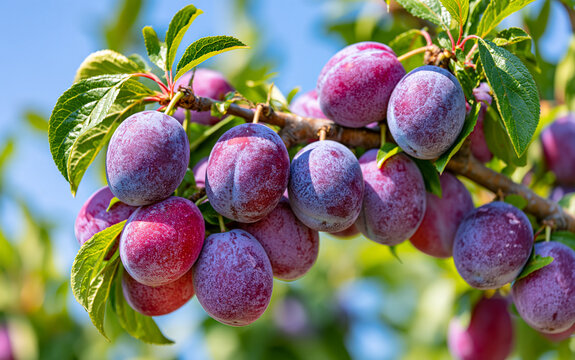 Ripe purple plums hanging on tree branch against clear blue sky