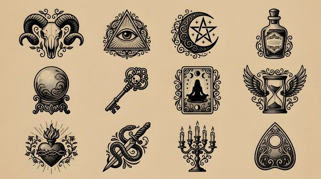 Mystic occult symbols set highlights detailed esoteric graphics on warm sepia background.