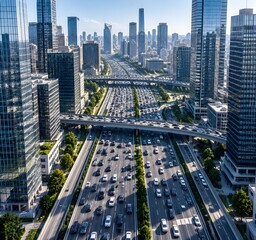 Fototapeta premium Concrete business district freeway packed with generic cars between high rise towers in hard morning shadows