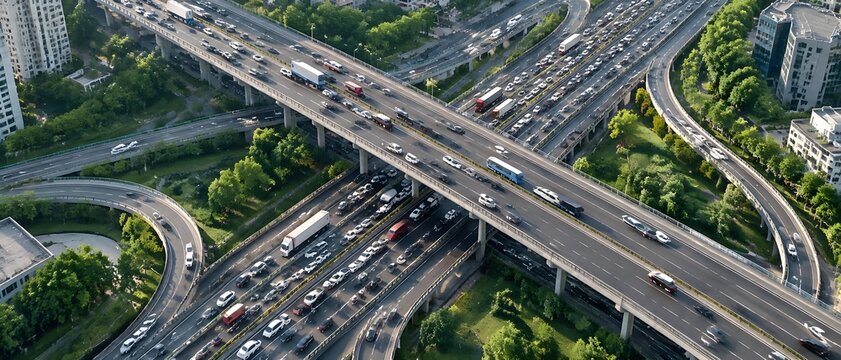 City highway crossing showing two congested expressways intersecting at different levels with traffic