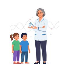 Obraz premium Doctor Explains Vaccination to Children with Syringe and Vaccine Vial - Healthcare Concept