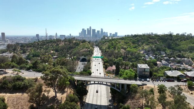 Los Angeles, California, USA - Aerial View of Freeway Leading to Downtown Skyline at Elysian Park on the 5 Freeway