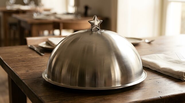 A gleaming silver cloche sits atop a wooden table, hinting at a delightful culinary surprise awaiting discovery, ready for serving