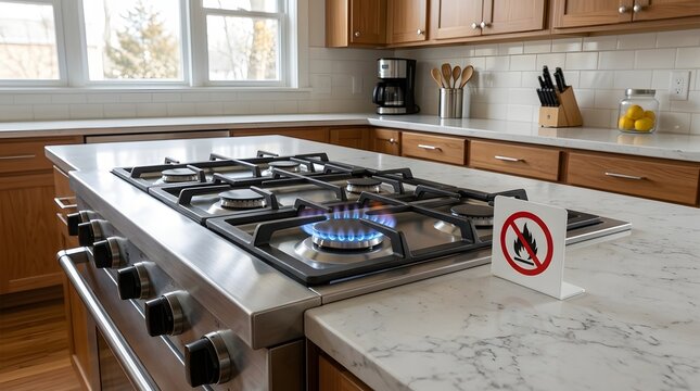 Stainless steel gas range with a lit burner and a no open flame warning sign on a marble kitchen countertop