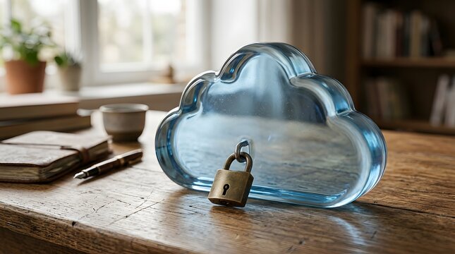 Secured digital cloud storage concept, a glass cloud with a padlock