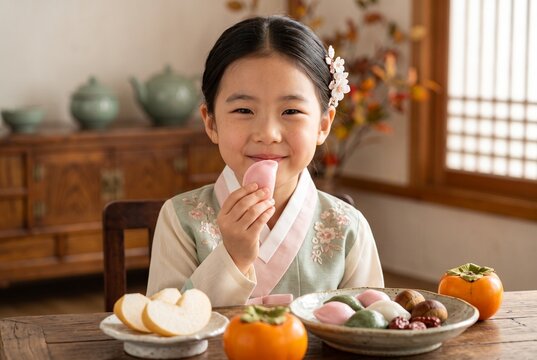 한옥에서 단아한 파스텔톤 한복을 입고 송편을 먹으며 미소 짓는 귀여운 여자아이, 풍성한 추석 명절 다과상 풍경.