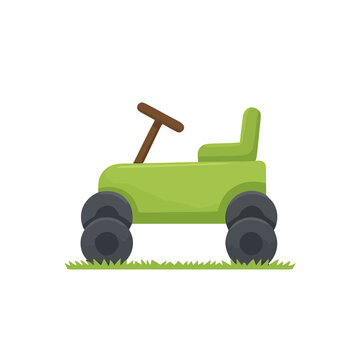 Green lawn mower with steering wheel and seat