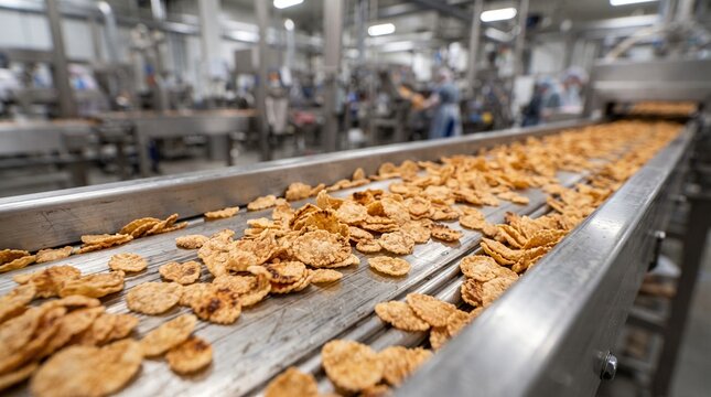 Individual cereal flakes traveling on a stainless-steel conveyor belt  