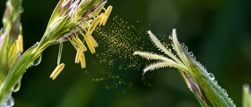 Grass stigma receiving windblown pollen from an adjacent flowering stem showing detailed plant anatomy and natural moisture